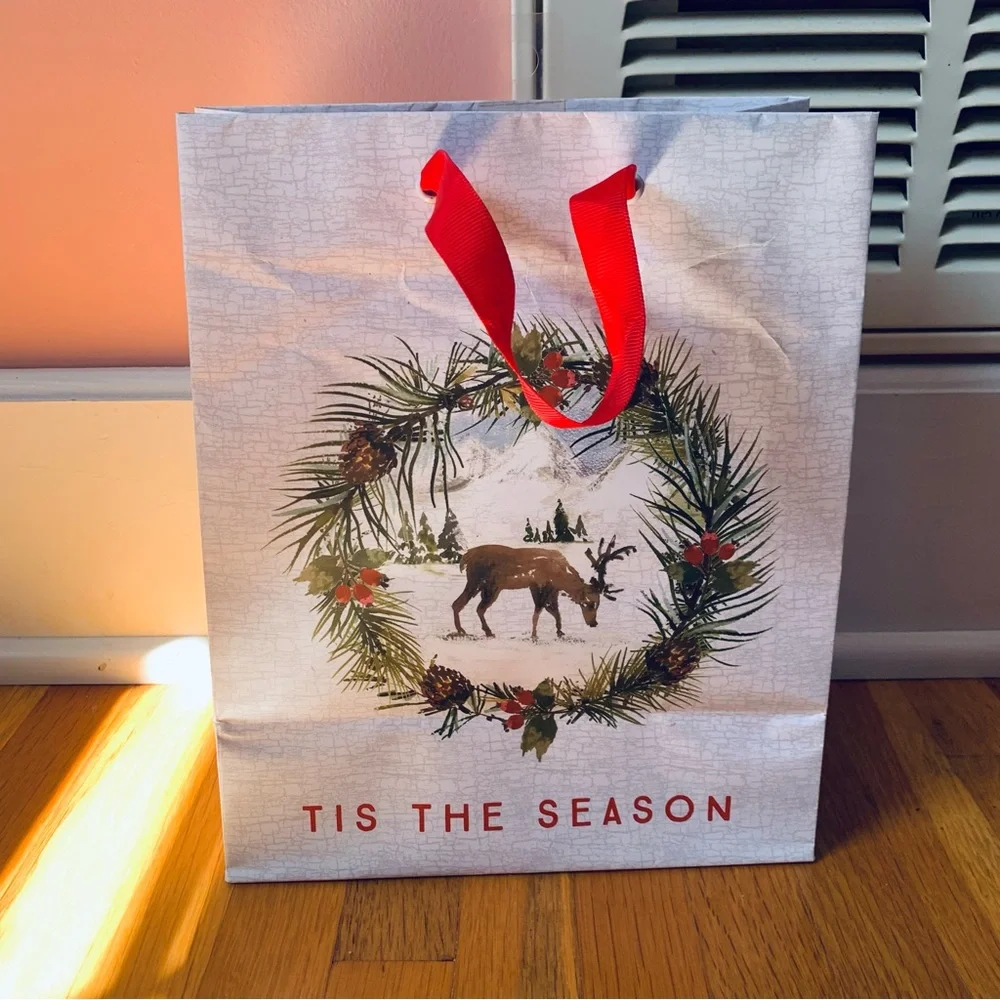 Tis the Season Wreath Deer Christmas Gift Bag Holiday Gift Bag